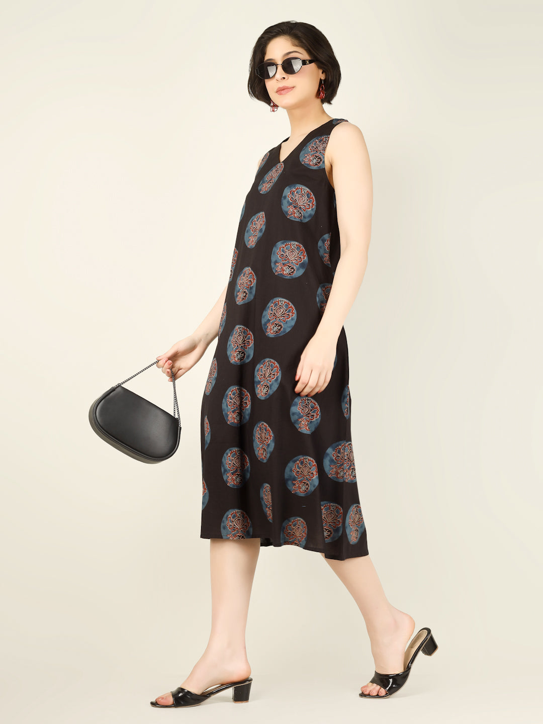 Black Printed Sleeveless V-Neck A-Line Cotton Dress