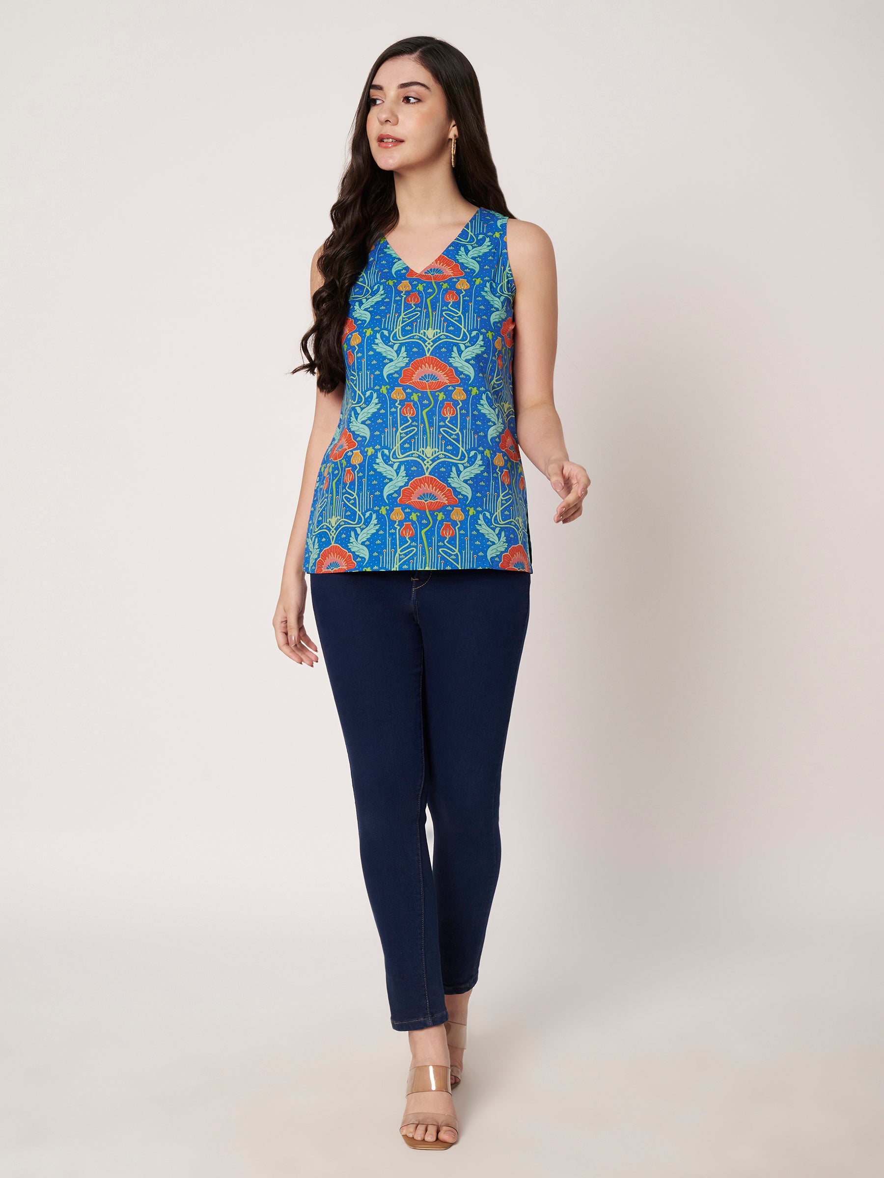 Blue Printed Sleeveless V-Neck Cotton Top