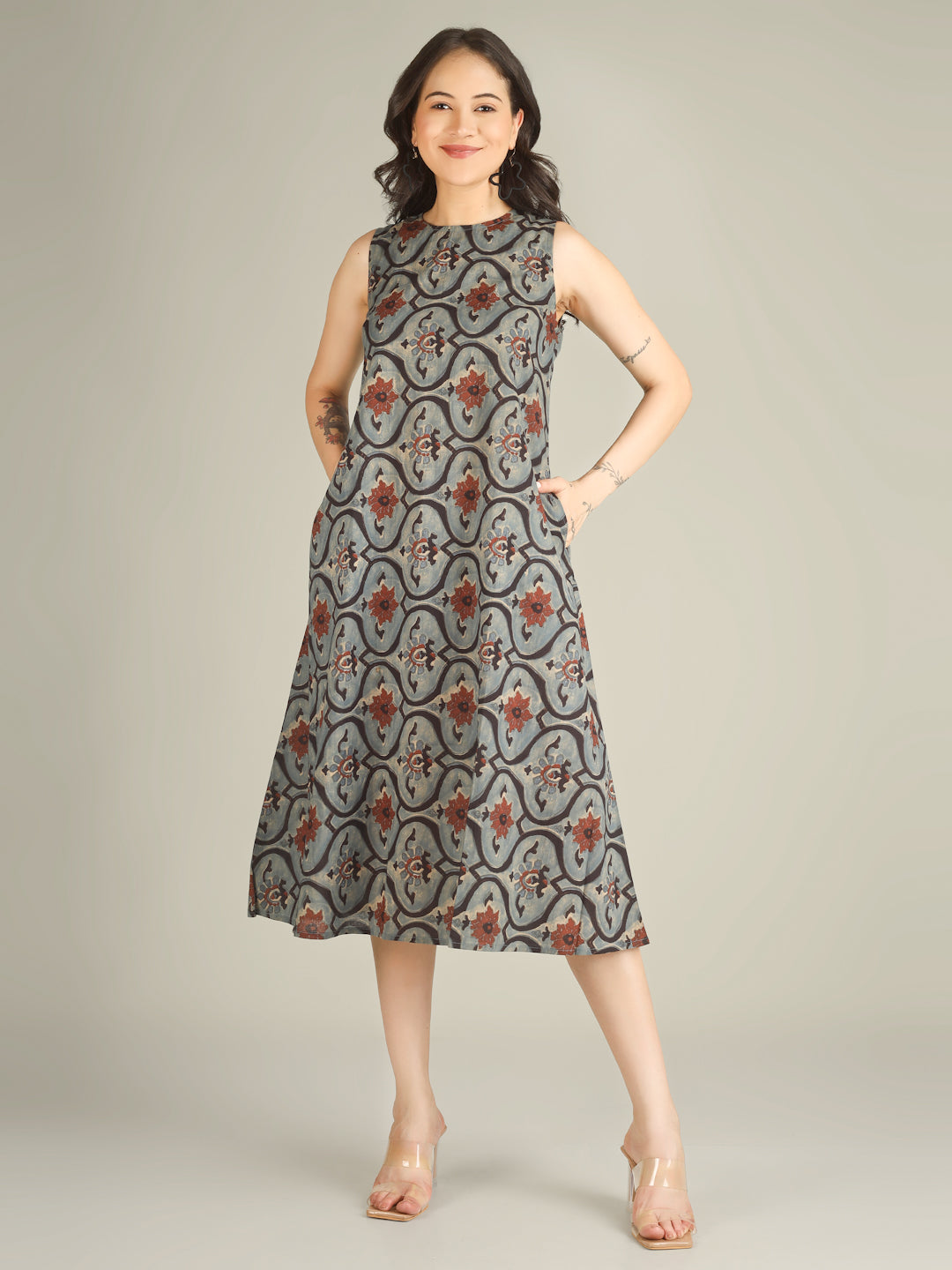 Dusty Blue Printed Sleeveless A-Line Cotton Dress