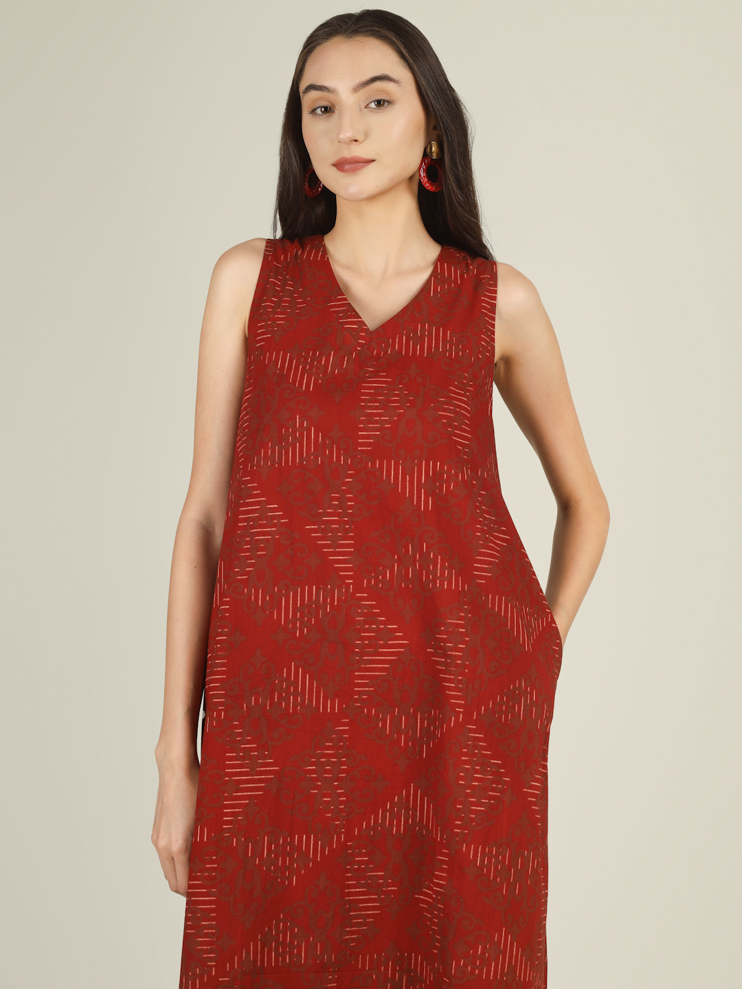 Red Printed V-Neck Sleeveless A-Line Cotton Dress