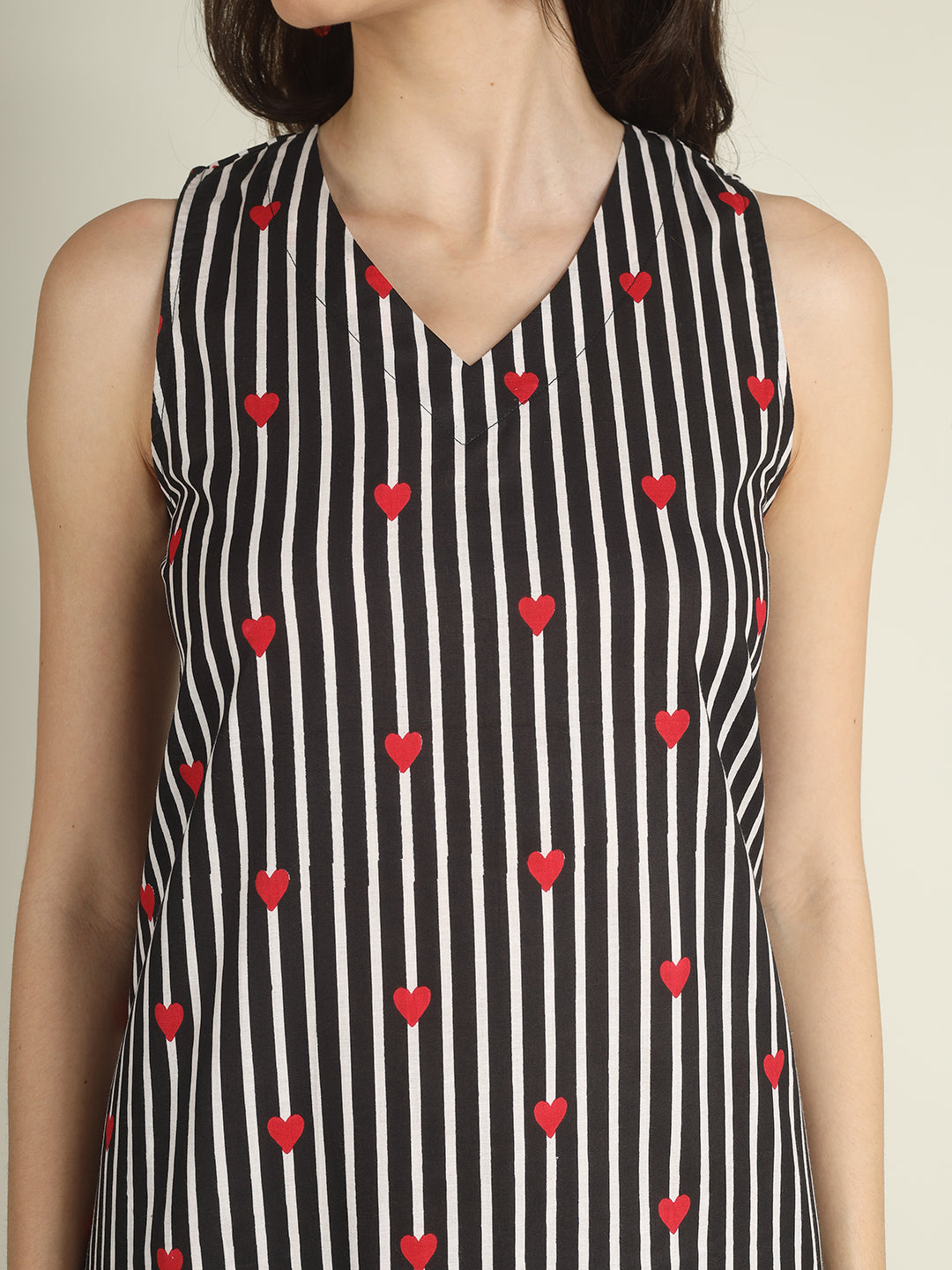 Black Striped Sleeveless V-Neck A-Line Cotton Dress