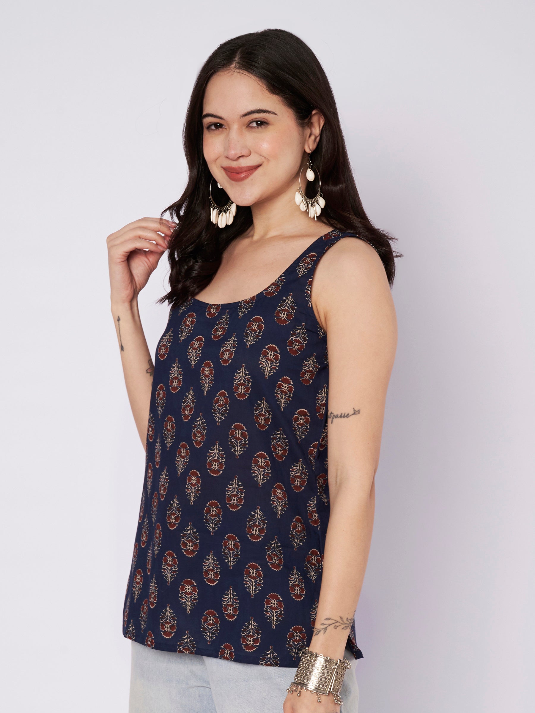 Navy Blue Printed Sleeveless Cotton Top