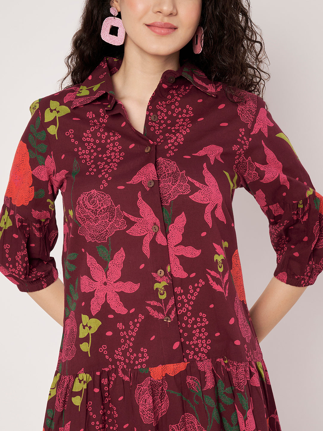 Maroon Printed Short Cotton Dress