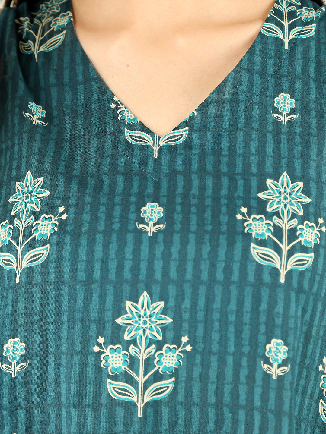 Teal Blue Printed V-Neck Sleeveless A-Line Cotton Dress