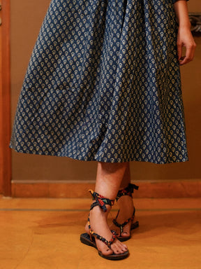 Blue Printed Flared Cotton Dress