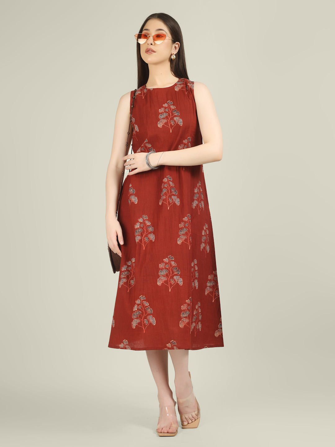 Maroon Printed Sleeveless A-Line Cotton Dress