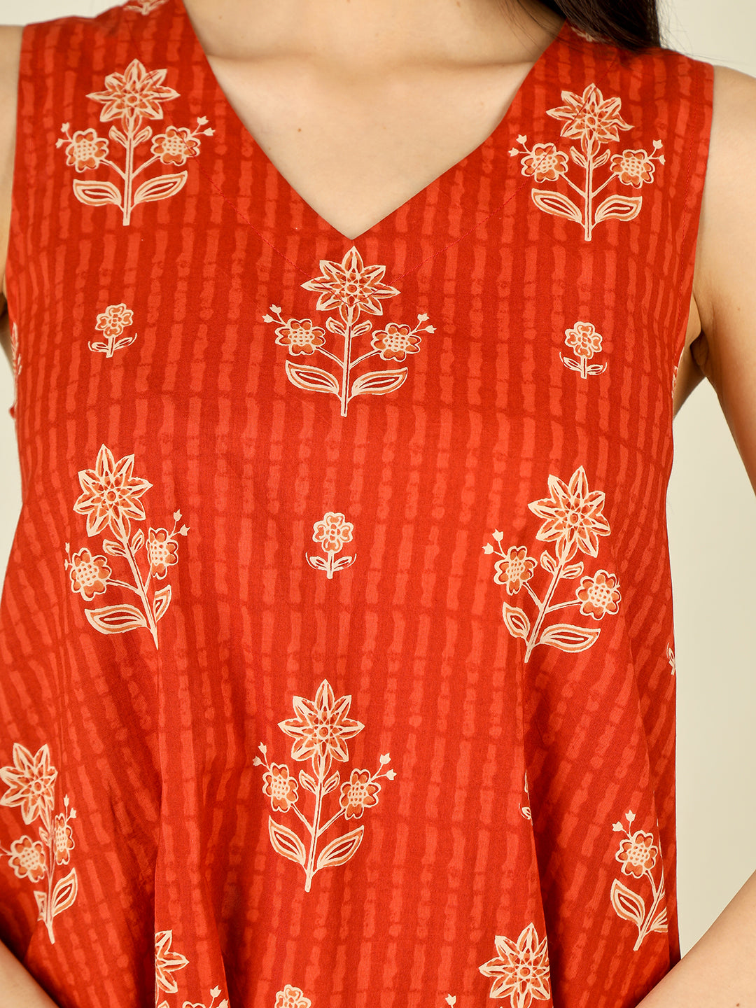 Orange Printed V-Neck Sleeveless A-Line Cotton Dress