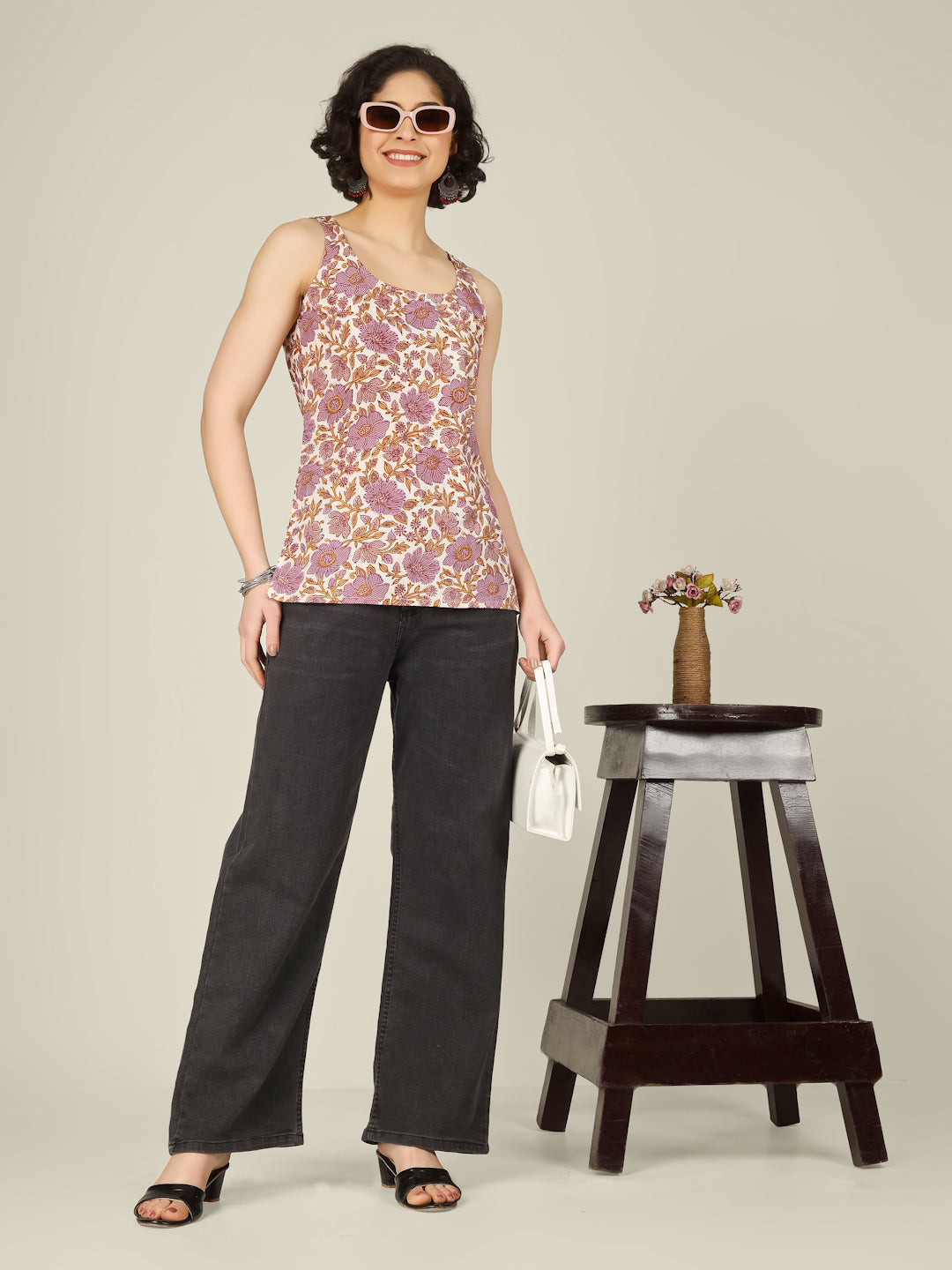 White Printed Round Neck Sleeveless Cotton Top