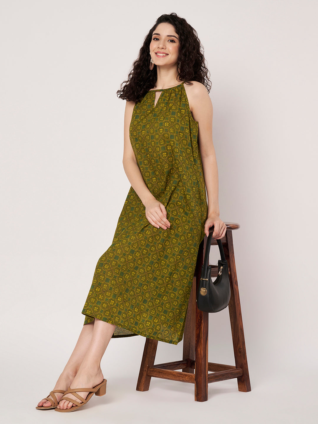 Green Printed Sleeveless A-Line Cotton Dress