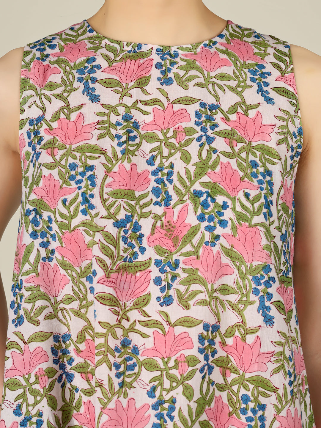 White Printed Sleeveless A-Line Cotton Dress