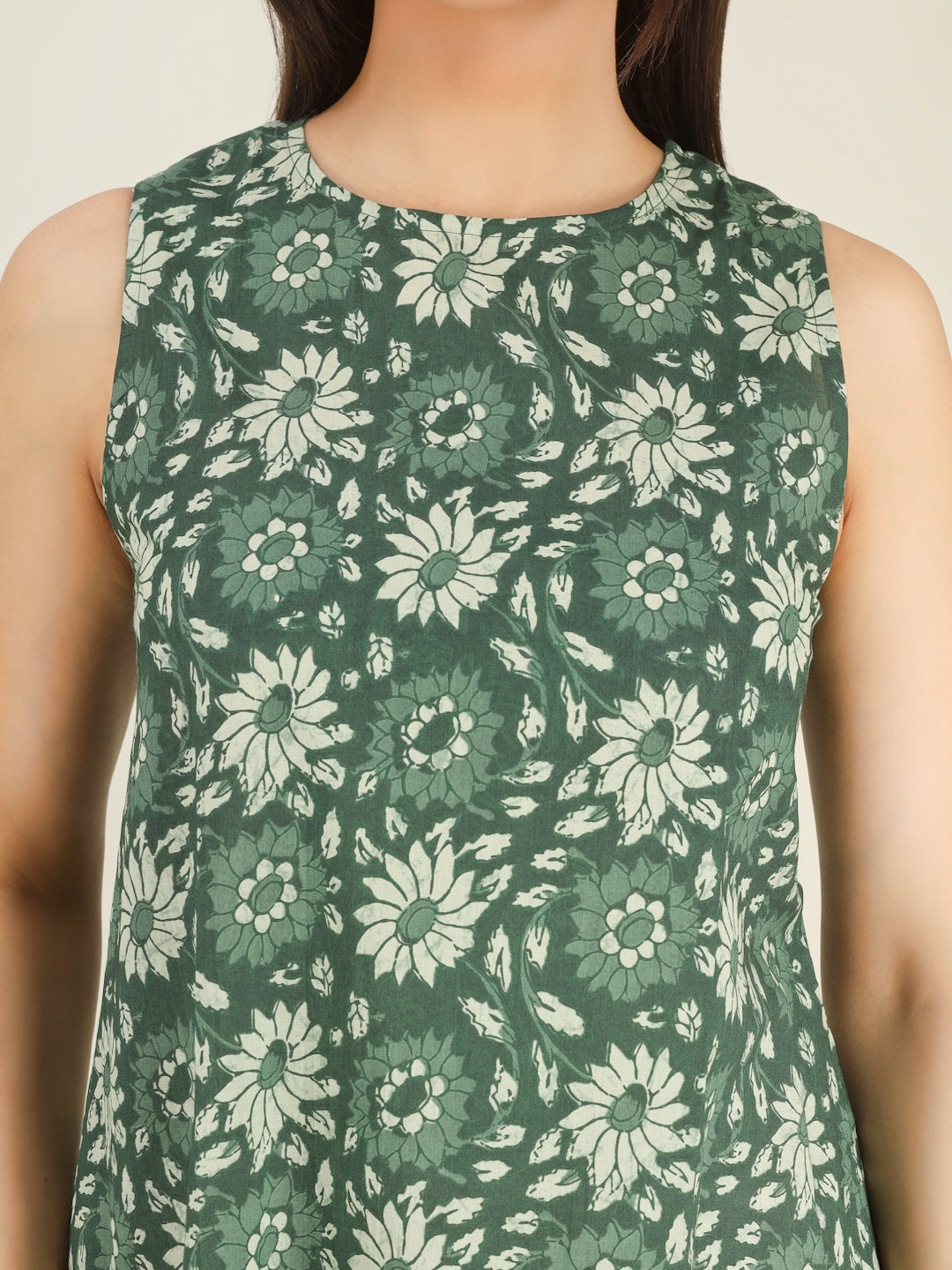 Green Printed Sleeveless A-Line Cotton Dress