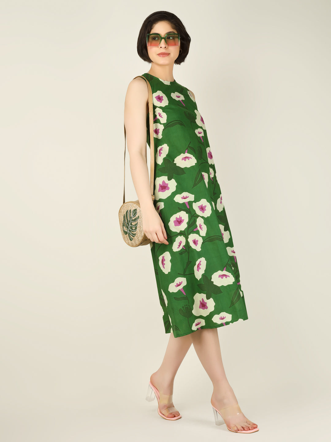Green Printed Sleeveless A-Line Cotton Dress