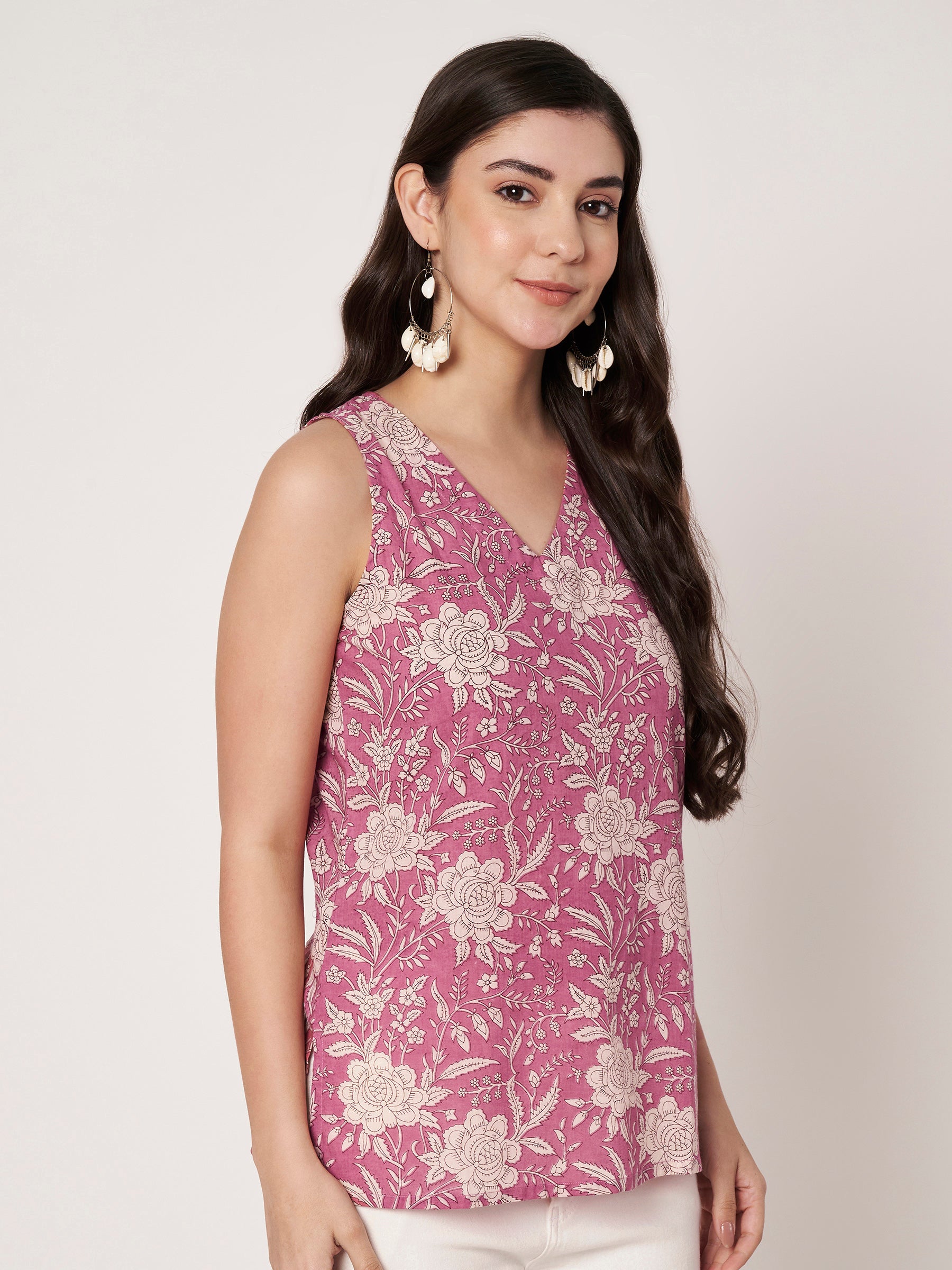 Pink Printed Sleeveless V-Neck Cotton Top