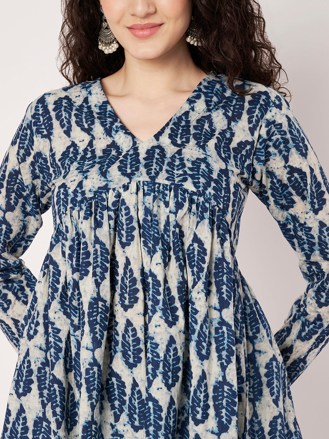 White & Blue Printed Alia-Cut Cotton Top