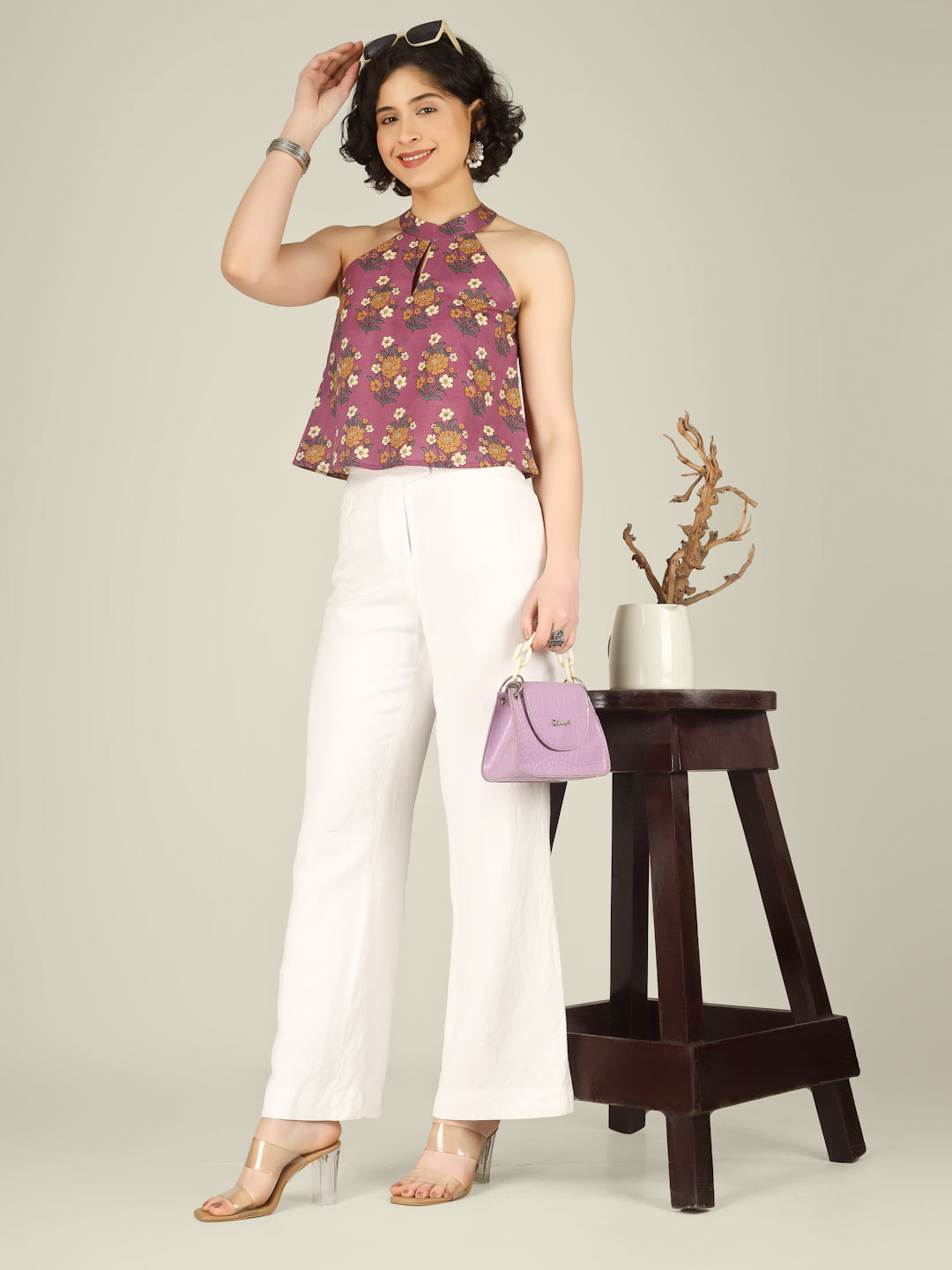 Purple Printed Halter Neck Sleeveless Cotton Top