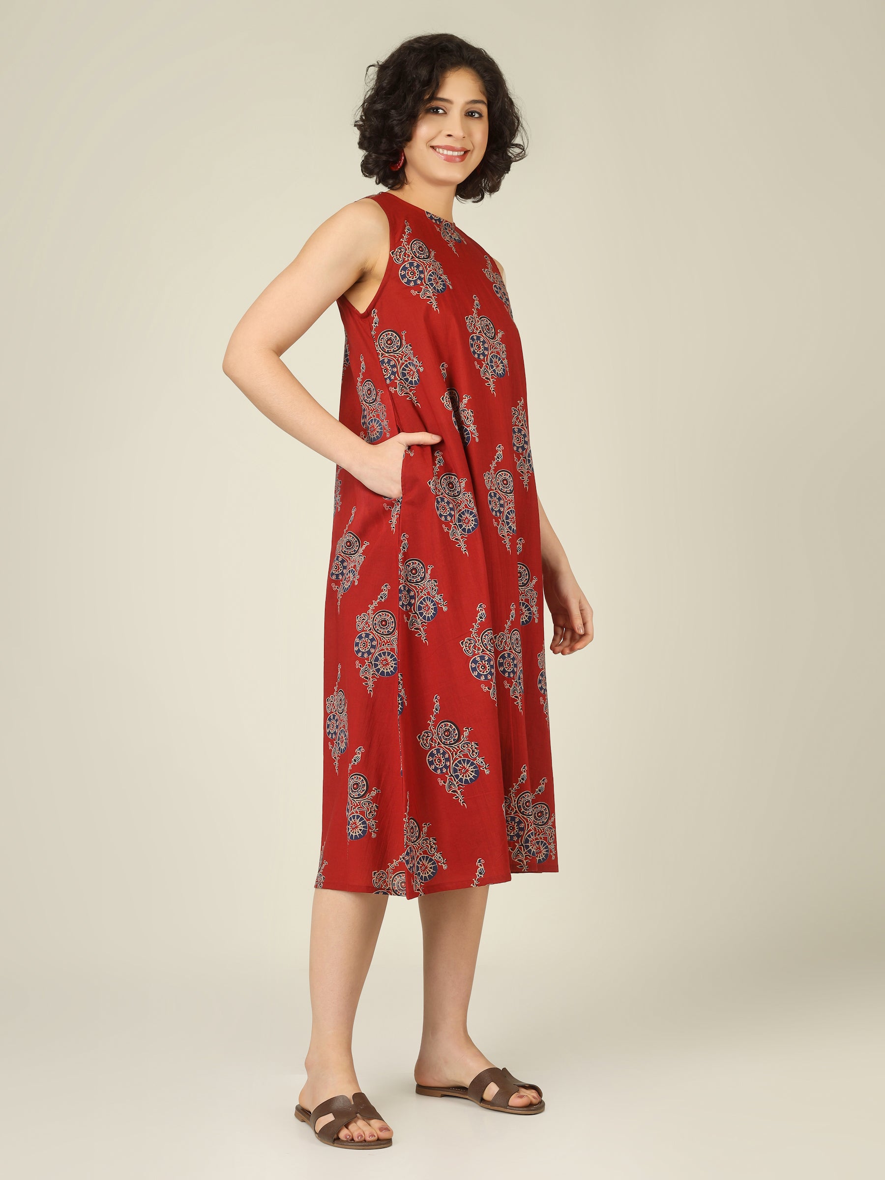 Red Printed Sleeveless A-Line Cotton Dress