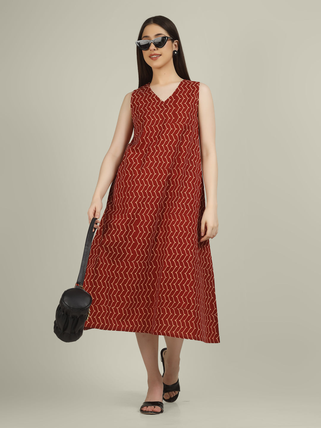 Rust Printed V-Neck Sleeveless A-Line Cotton Dress