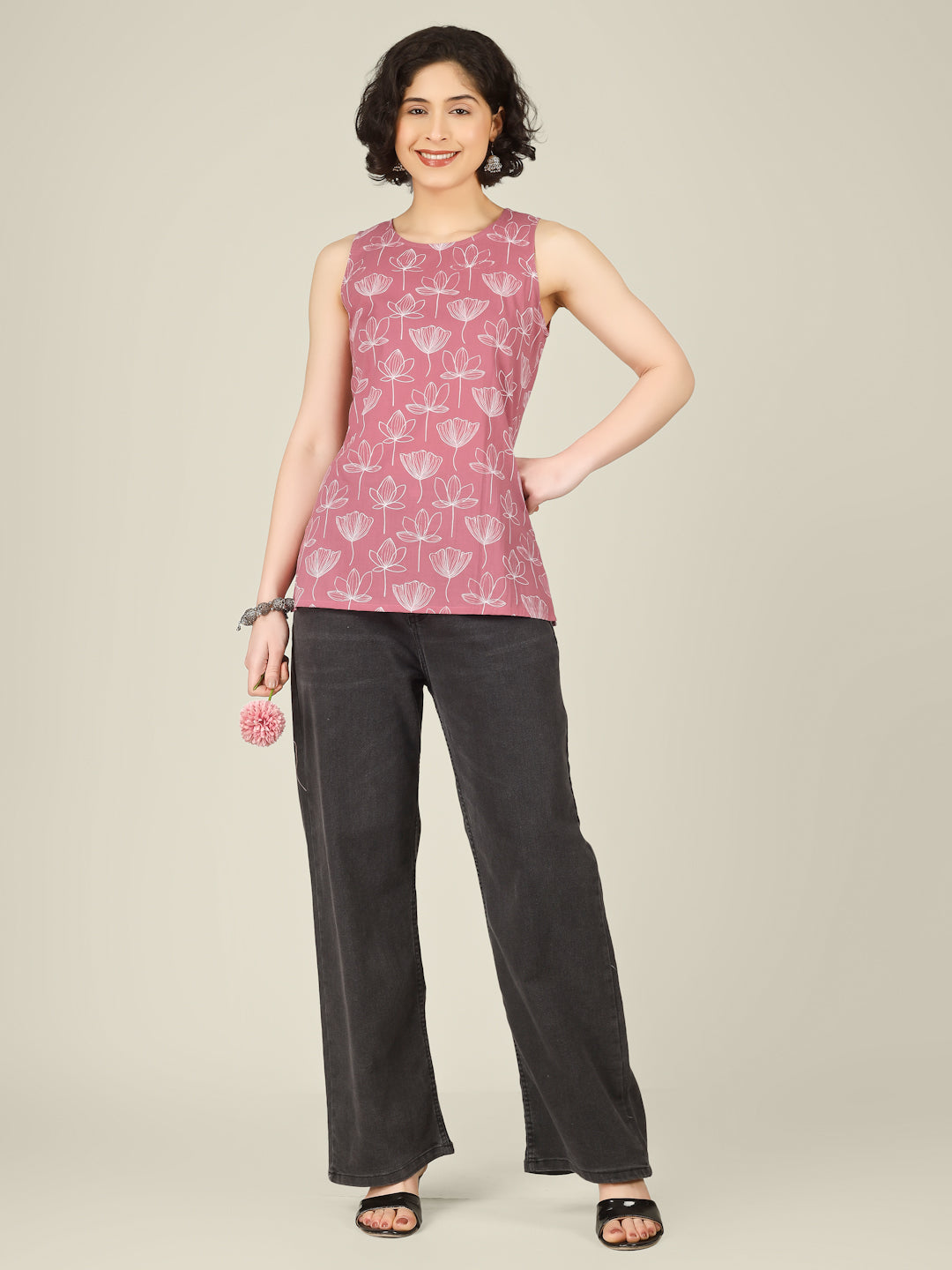 Pink Printed Round Neck Sleeveless Cotton Top