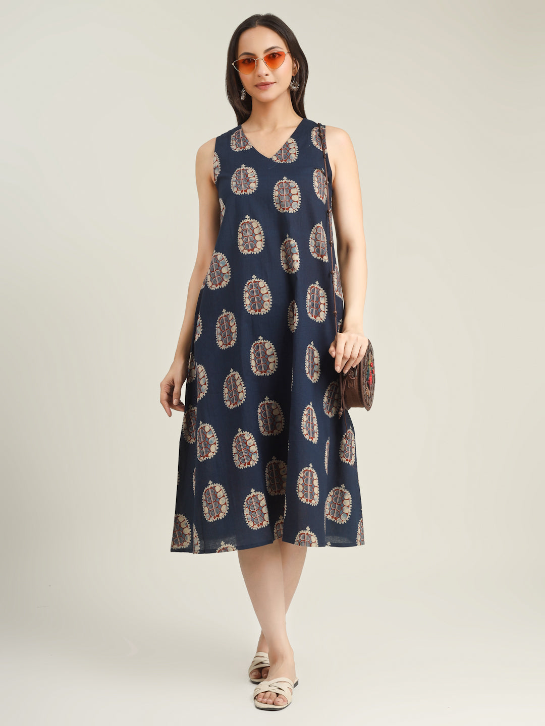 Blue Printed Sleeveless V-Neck A-Line Cotton Dress
