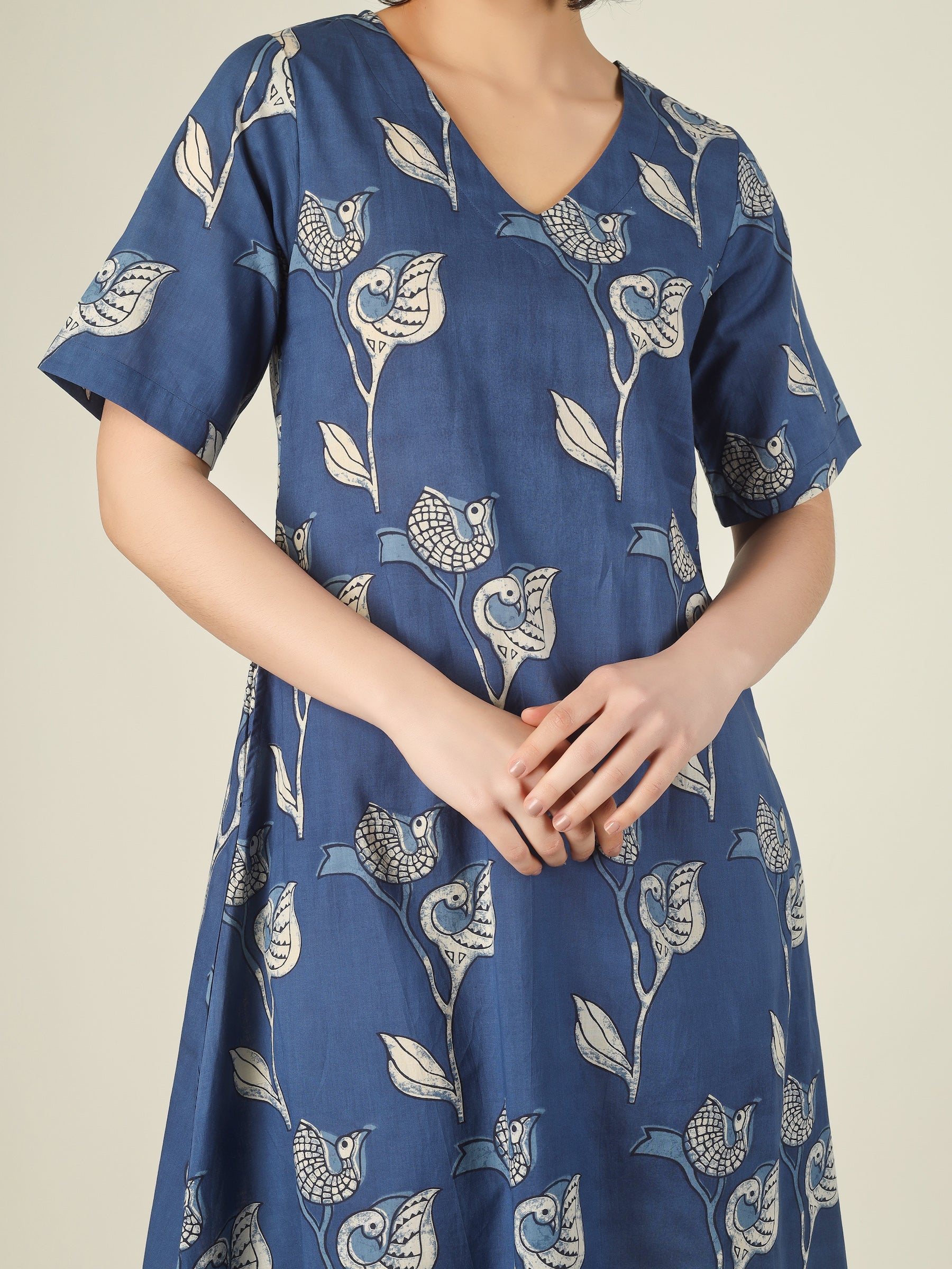 Navy Blue Printed Short A-Line Cotton Dress