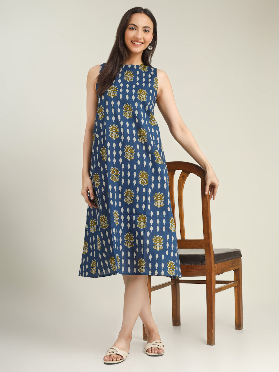 Blue Printed Sleeveless A-Line Cotton Dress