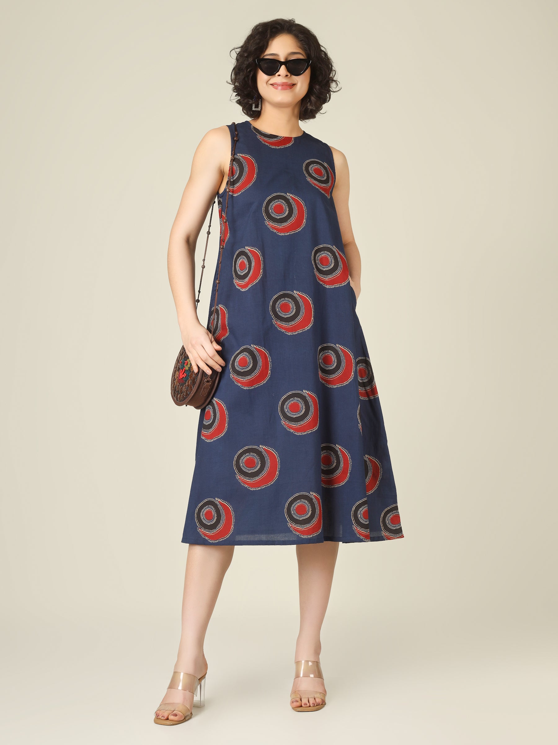Blue Printed Sleeveless A-Line Cotton Dress