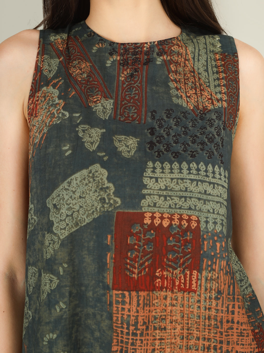 Green Printed Sleeveless A-Line Cotton Dress