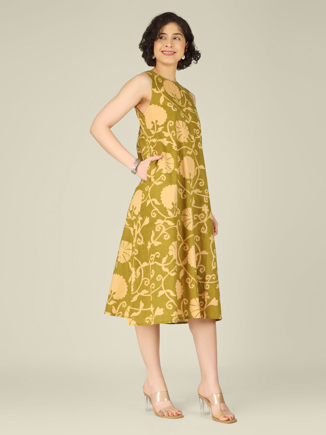 Green Printed Sleeveless A-Line Cotton Dress