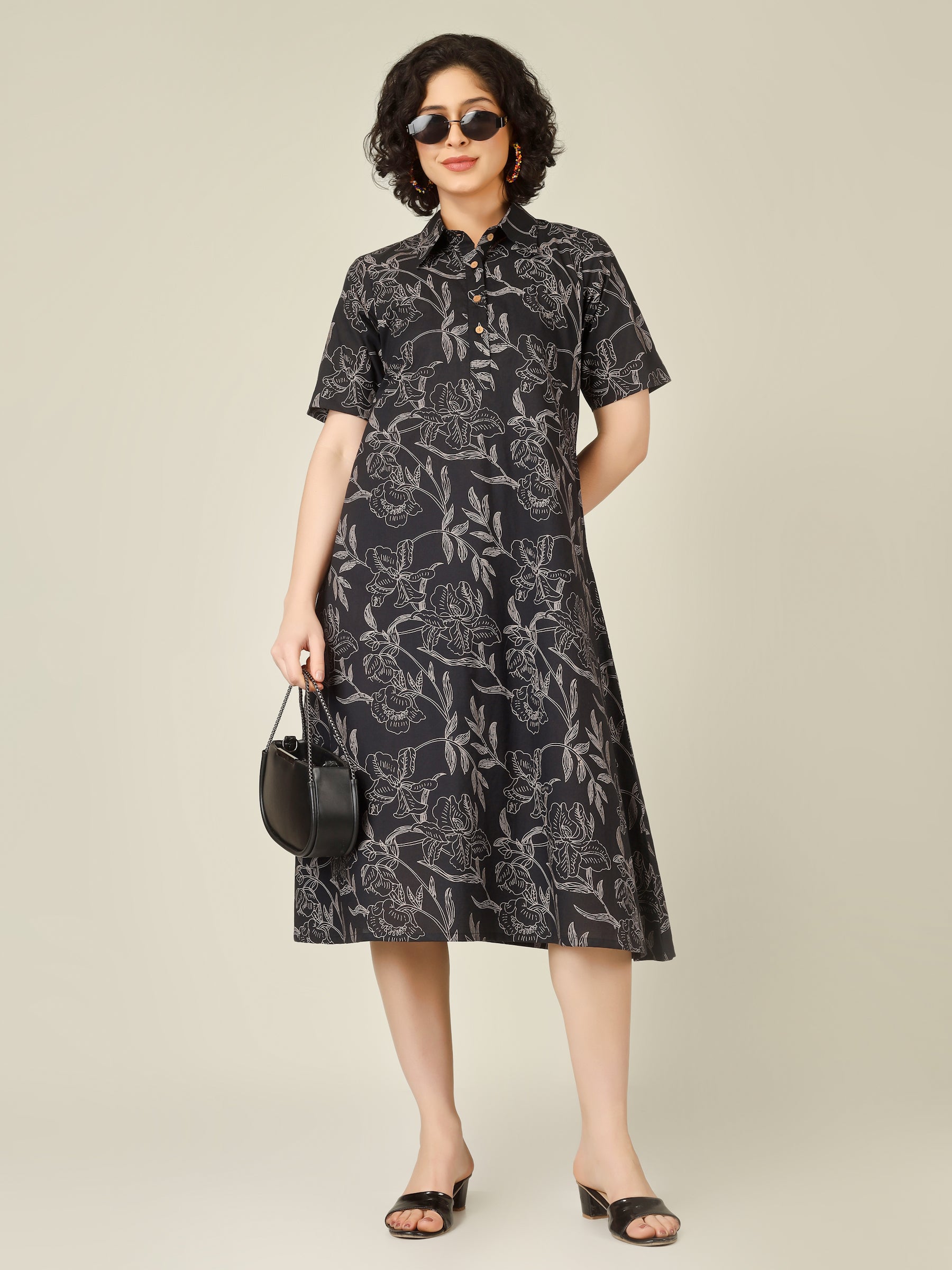 Black Printed A-Line Cotton Shirt Dress