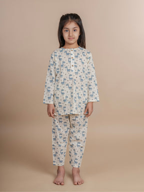 Blue Jiraffe Print Kids Cotton Kurta Pyjama Set