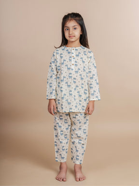 Blue Jiraffe Print Kids Cotton Kurta Pyjama Set