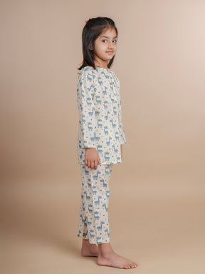 Blue Jiraffe Print Kids Cotton Kurta Pyjama Set