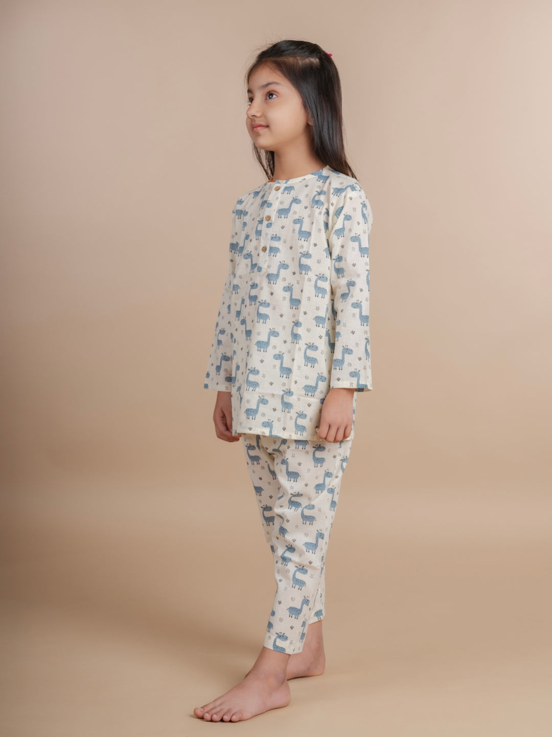 Blue Jiraffe Print Kids Cotton Kurta Pyjama Set