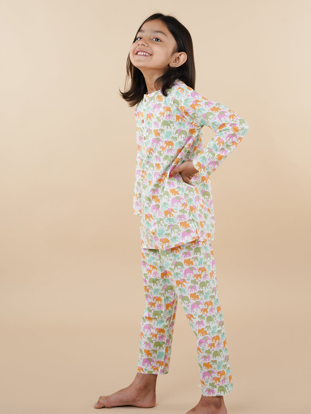 Multicolor Elephant Print Kids Cotton Kurta Pyjama Set