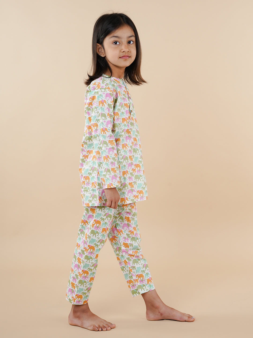 Multicolor Elephant Print Kids Cotton Kurta Pyjama Set