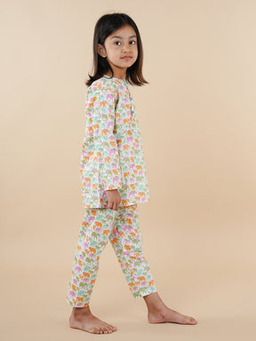 Multicolor Elephant Print Kids Cotton Kurta Pyjama Set