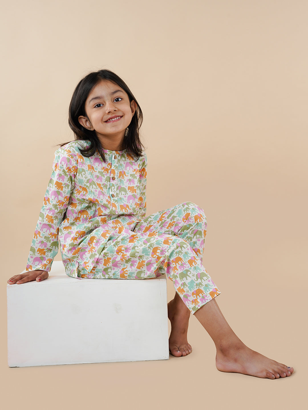 Multicolor Elephant Print Kids Cotton Kurta Pyjama Set