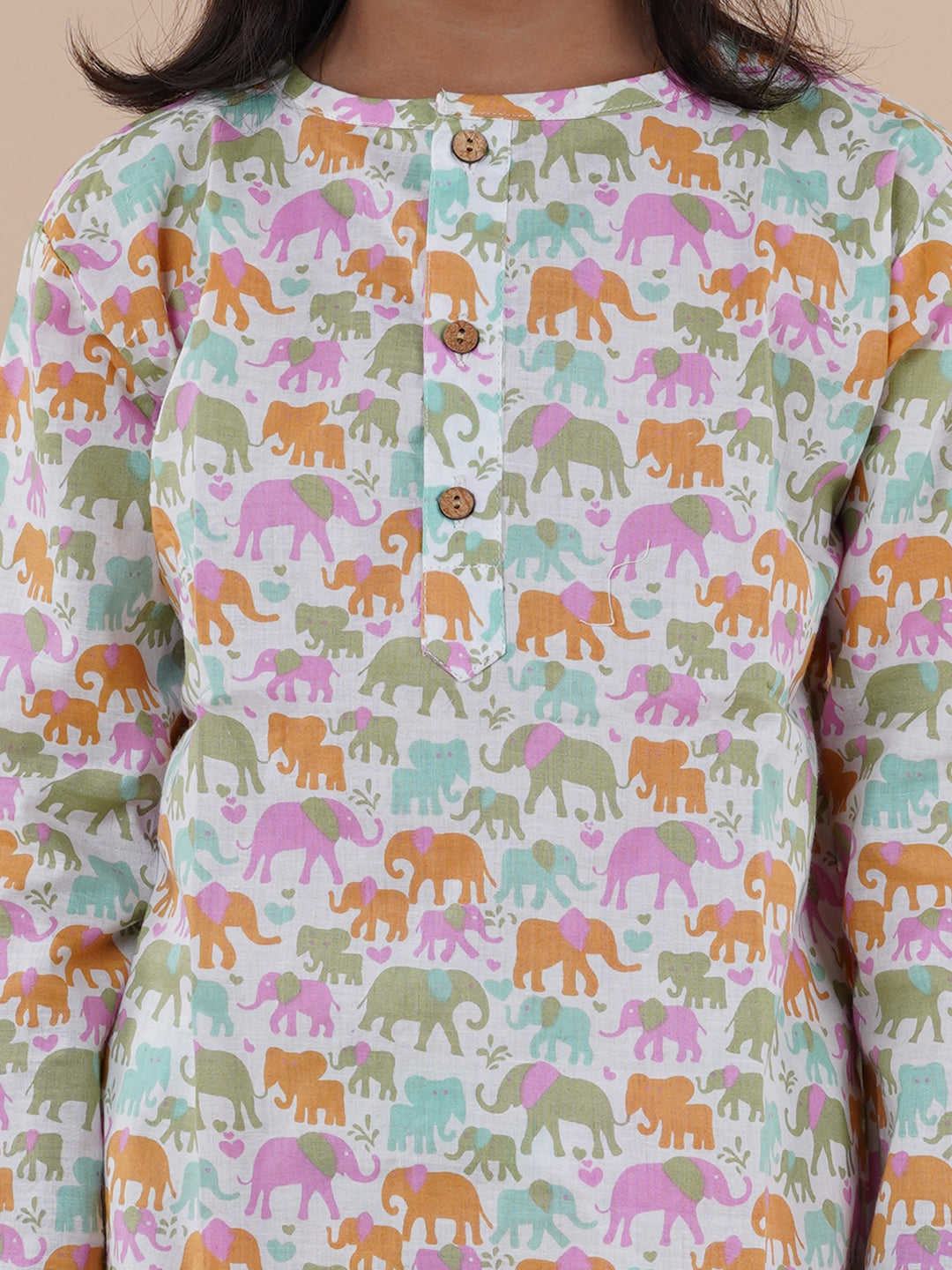 Multicolor Elephant Print Kids Cotton Kurta Pyjama Set