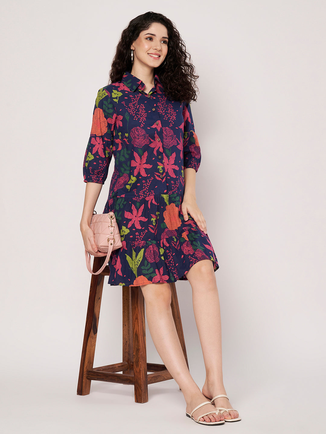 Blue Printed Short Cotton Dress