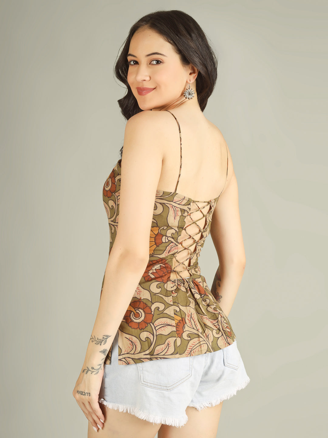 Olive Printed Cotton Corset Top