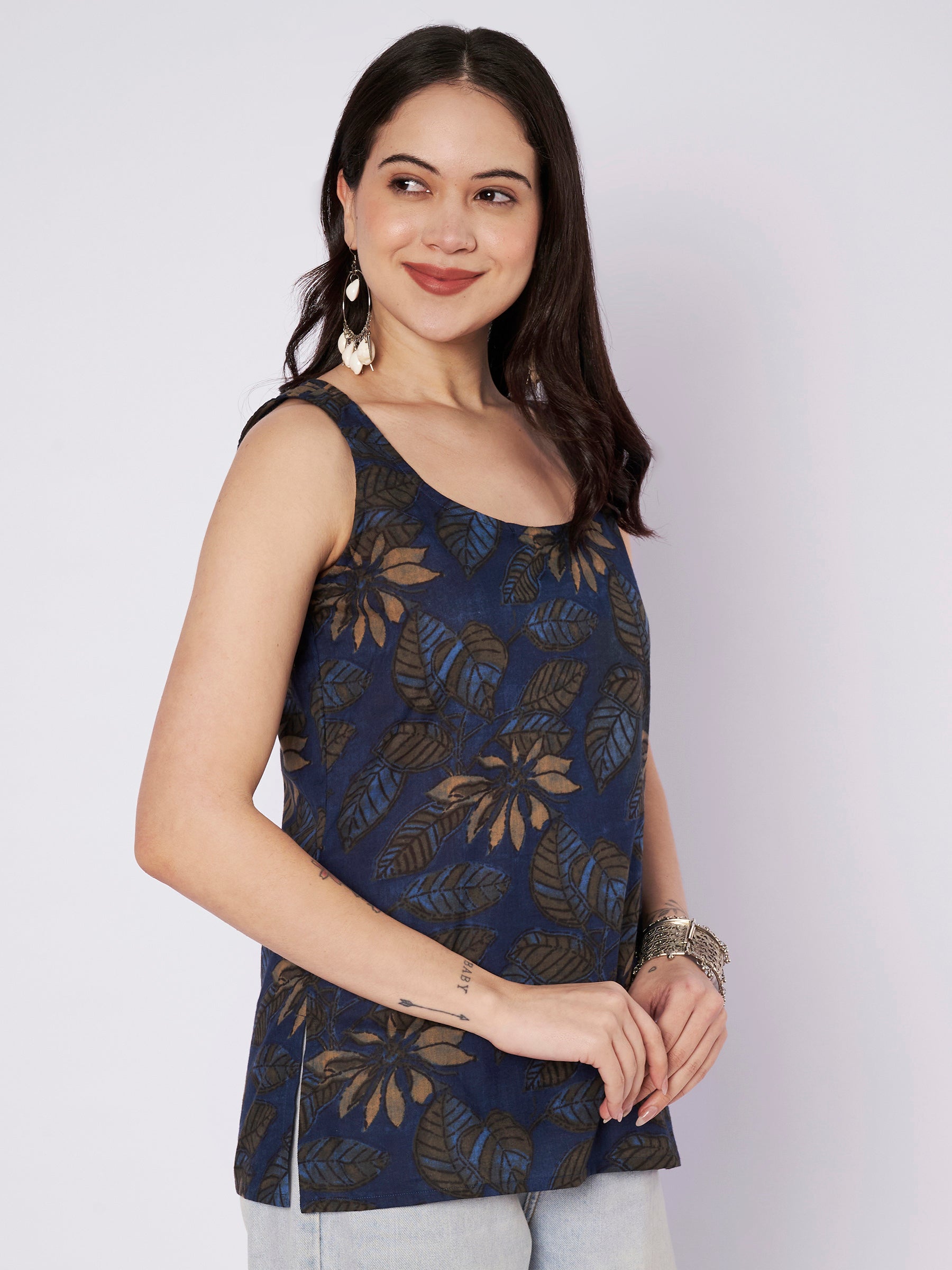 Dark Blue Printed Sleeveless Cotton Top