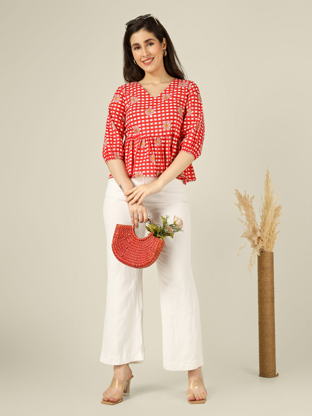 Red Checked Cotton Peplum Top