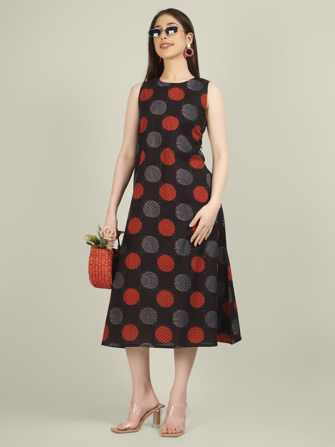 Black Printed Sleeveless A-Line Cotton Dress