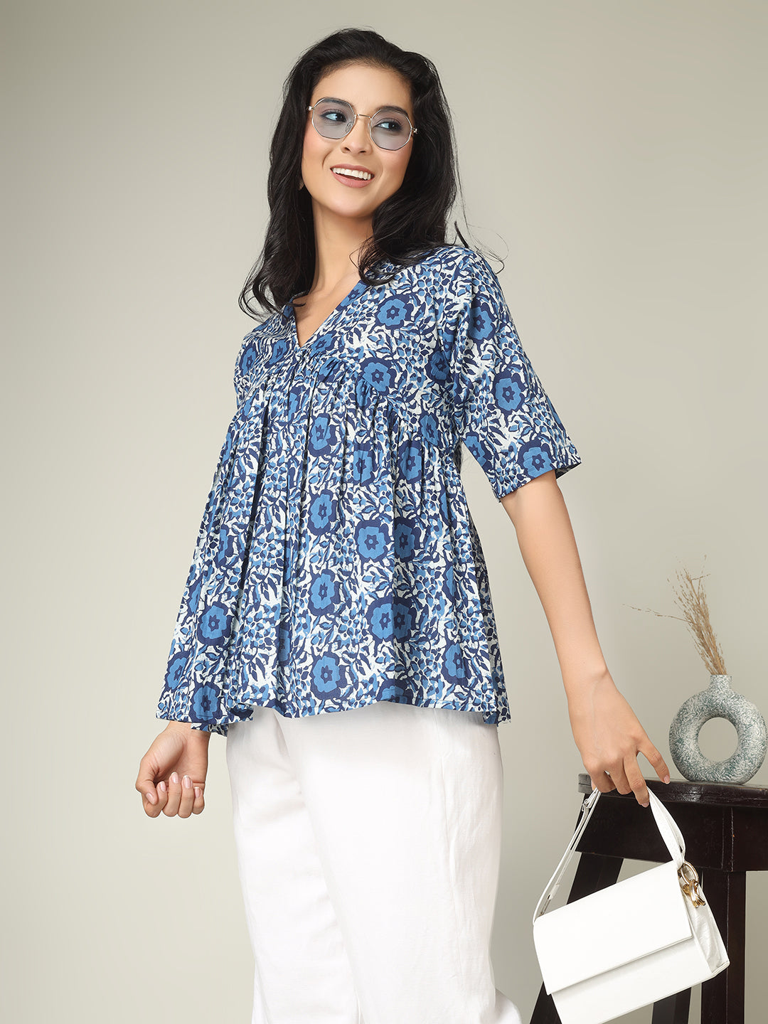 Blue Printed Half-Sleeve Alia-Cut Cotton Peplum Top