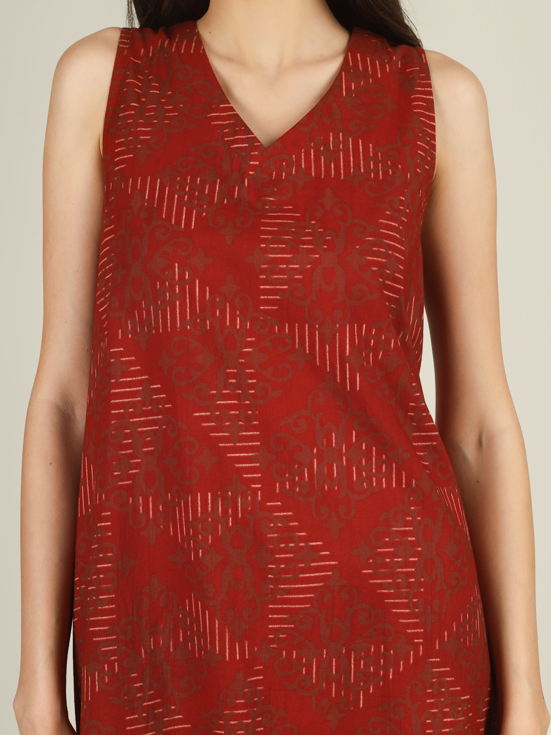 Red Printed V-Neck Sleeveless A-Line Cotton Dress
