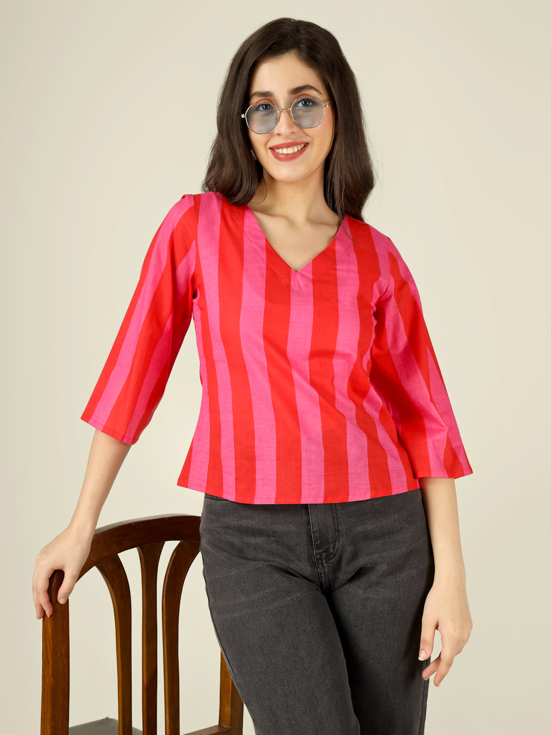 Pink and Red Striped Straight Bell-Sleeves Top