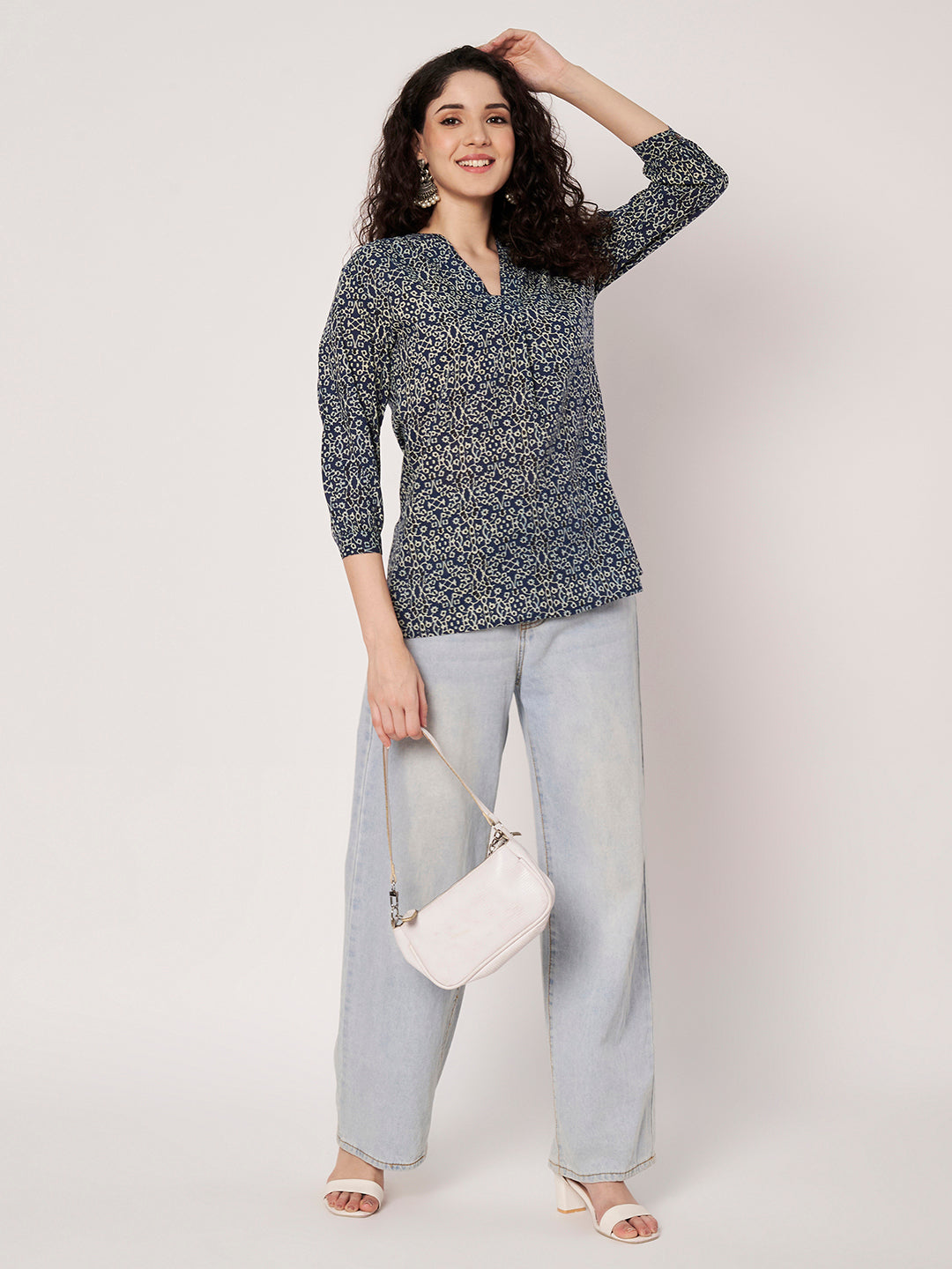 Blue Printed V-Neck Cotton Top