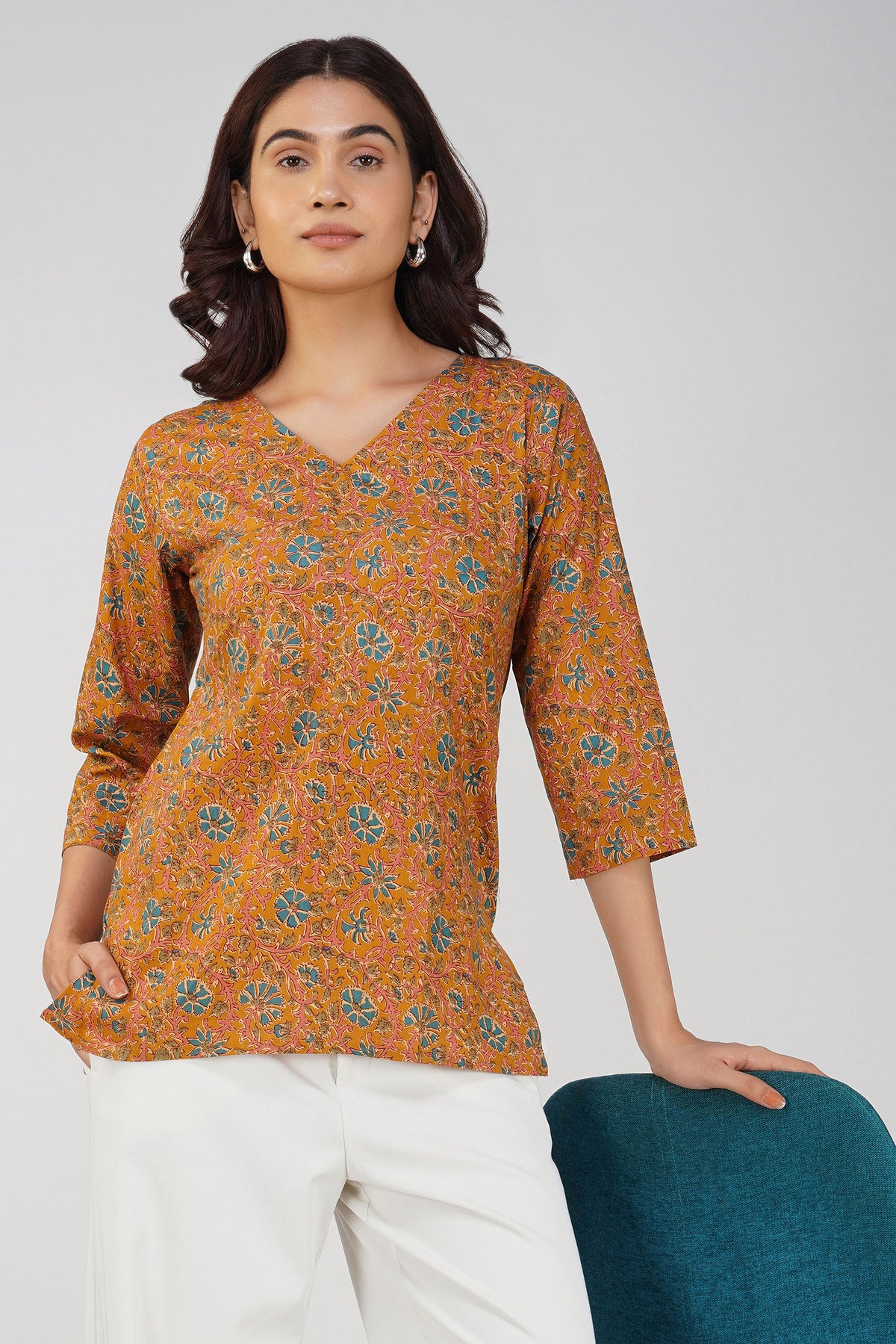 Mustard Printed V-Neck Cotton Top