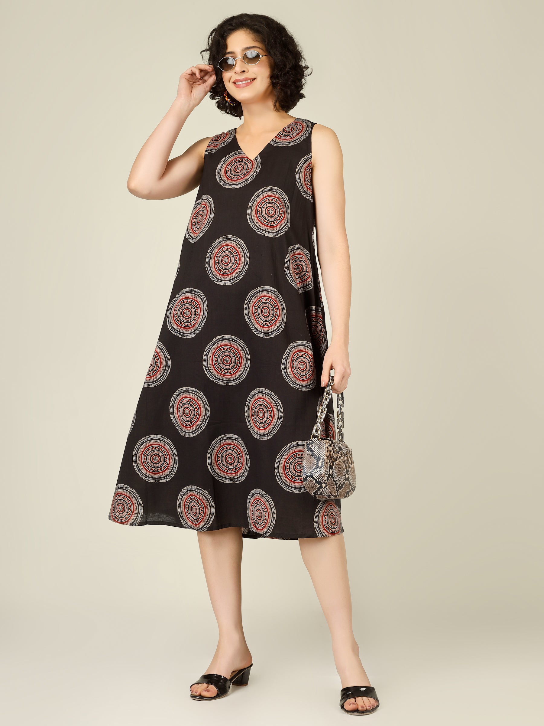Black Printed V-Neck Sleeveless A-Line Cotton Dress