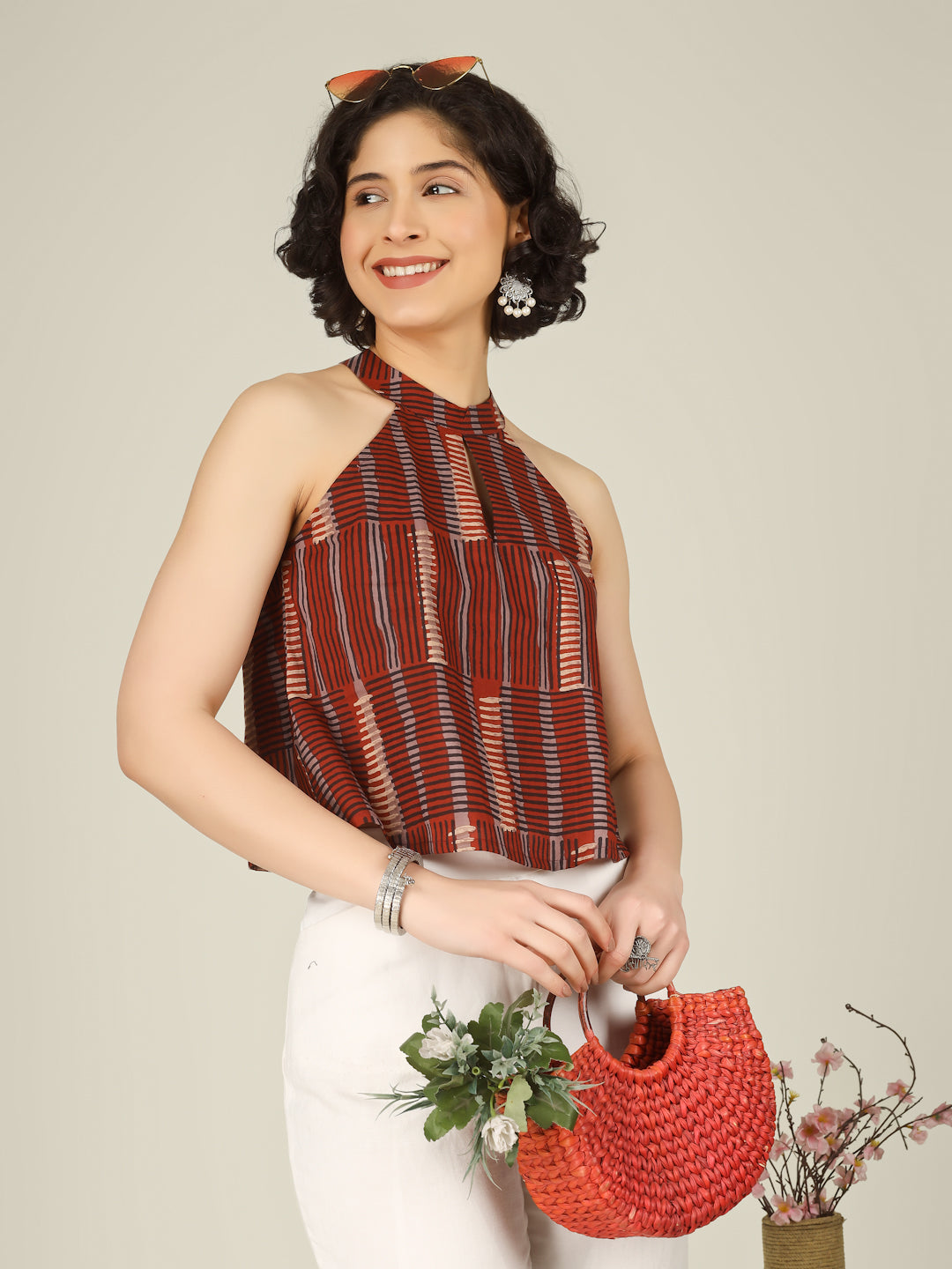 Rust Printed Halter Neck Sleeveless Cotton Top